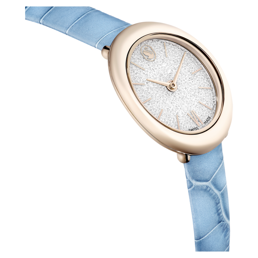 swarovski imber oval watch  swiss made  leather strap  blue  champagne gold tone finish