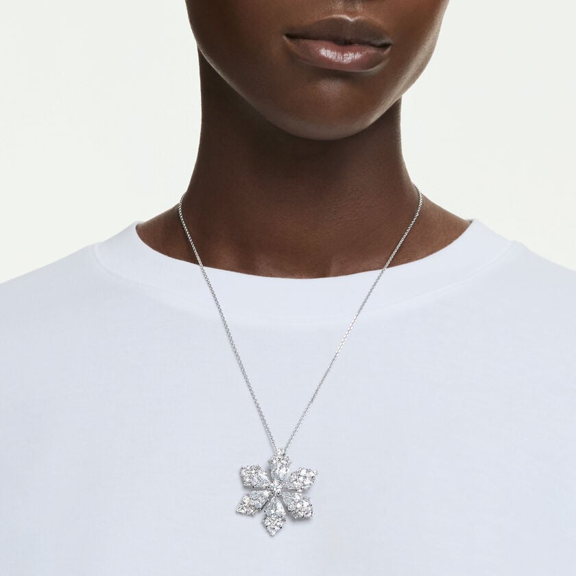 swarovski idyllia pendant and brooch  mixed cuts  snowflake  white  rhodium plated