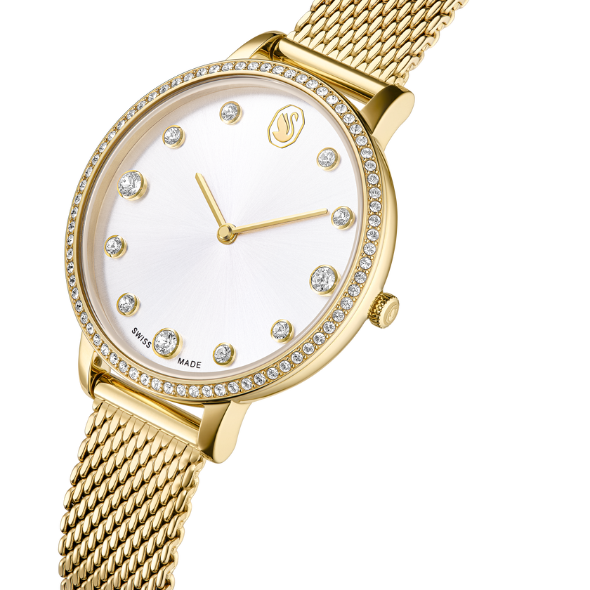 swarovski clarica watch  swiss made  metal bracelet  gold tone  gold tone finish