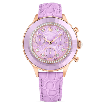 swarovski octea chrono watch swiss made leather strap purple rose gold tone finish