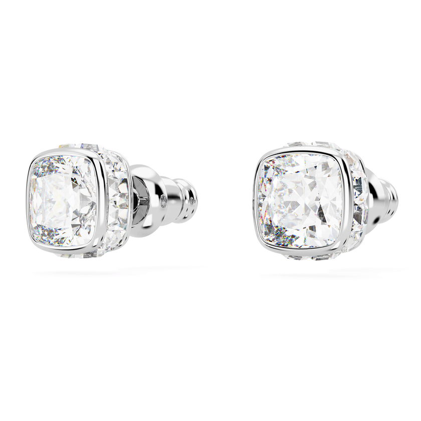 swarovski birthstone stud earrings  square cut  april  white  rhodium plated