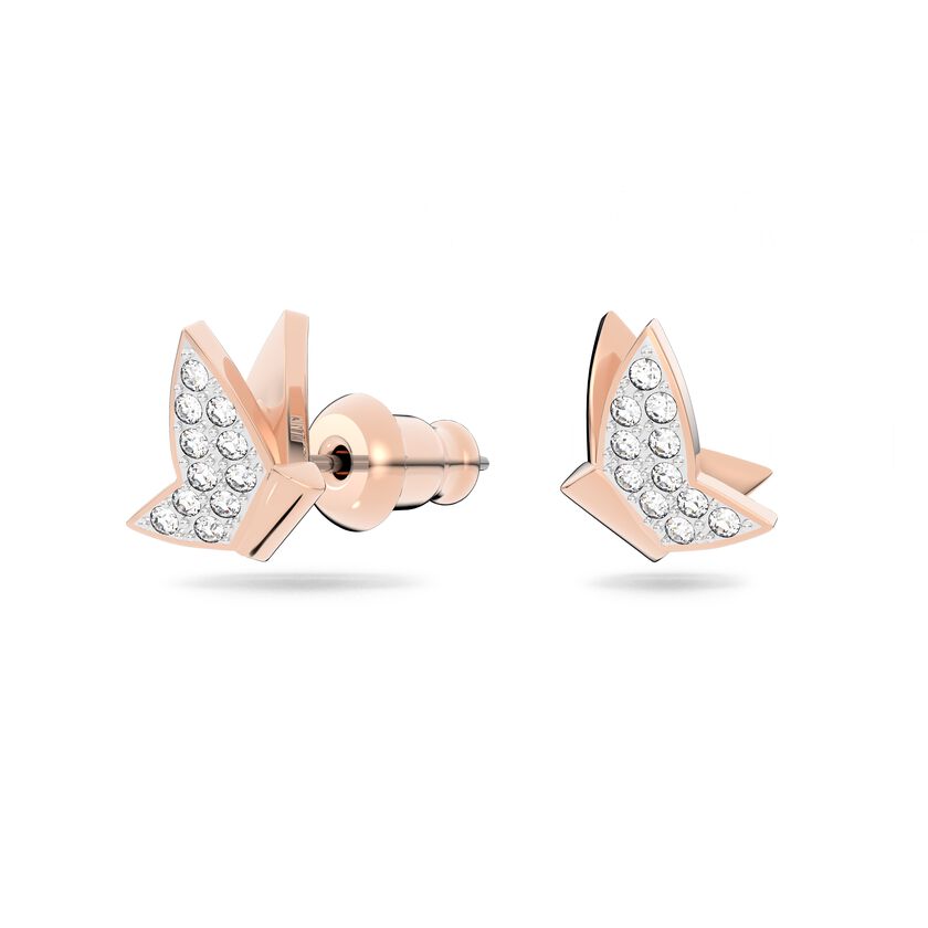 Lilia stud earrings, Butterfly, White, Rose-gold tone plated