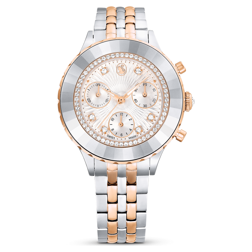 swarovski octea chrono watch  swiss made  metal bracelet  rose gold tone  mixed metal finish