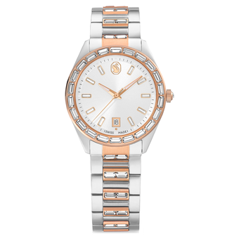 swarovski matrix date watch  swiss made  metal bracelet  rose gold tone  mixed metal finish
