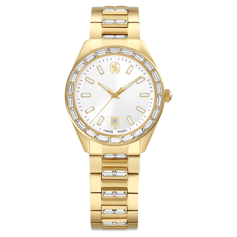 swarovski matrix date watch  swiss made  metal bracelet  gold tone  gold tone finish