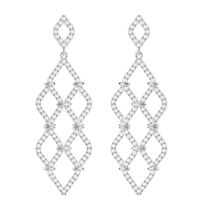 Lace Chandelier Pierced Earrings, White, Rhodium plated