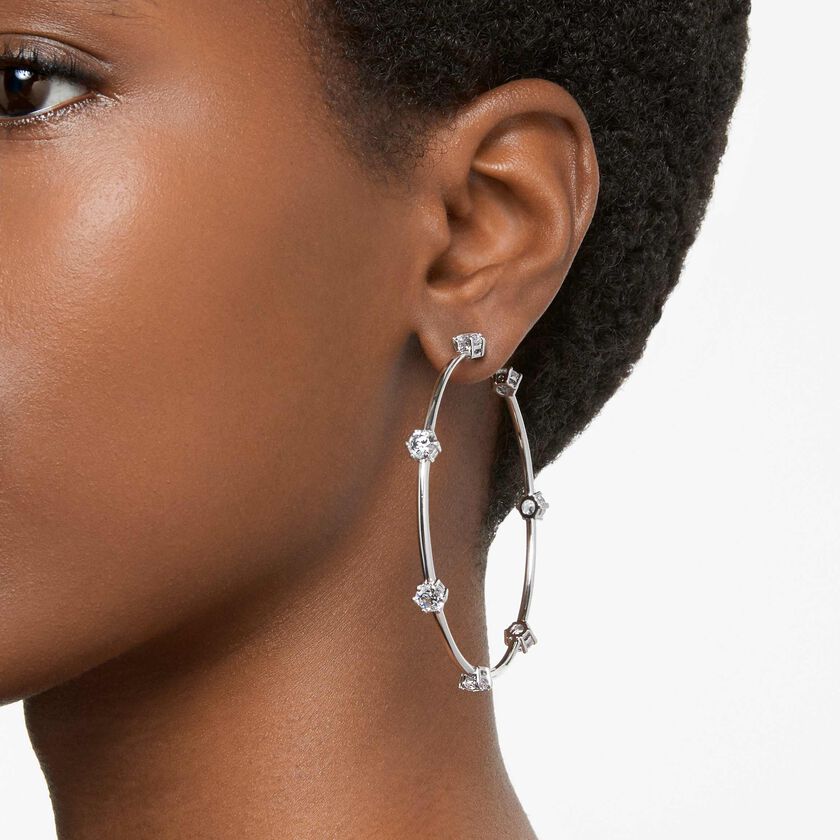 swarovski constella hoop earrings  round cut  white  rhodium plated