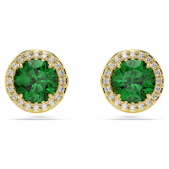 swarovski una stud earrings  round cut  pav   green  gold tone plated