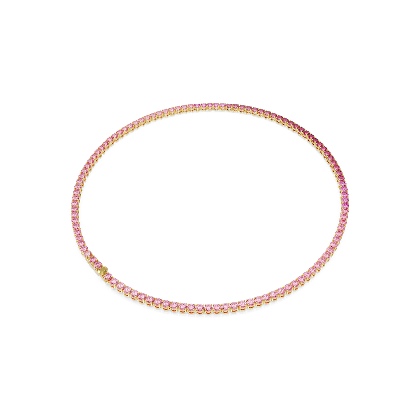 swarovski matrix tennis necklace  round cut  pink  gold tone plated