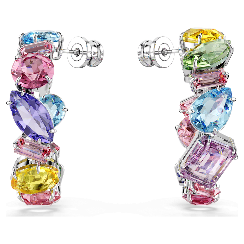 swarovski gema hoop earrings  asymmetrical design  mixed cuts  small  multicolored  rhodium plated