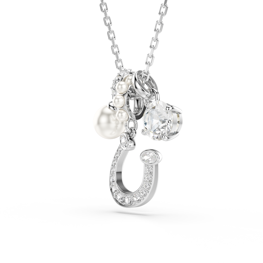 swarovski symbolica pendant  crystal pearl  round cut  pav   horse shoe  white  rhodium plated