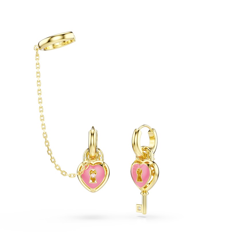swarovski idyllia drop earrings with ear cuff  mixed cuts  heart with key  pink  gold tone plated