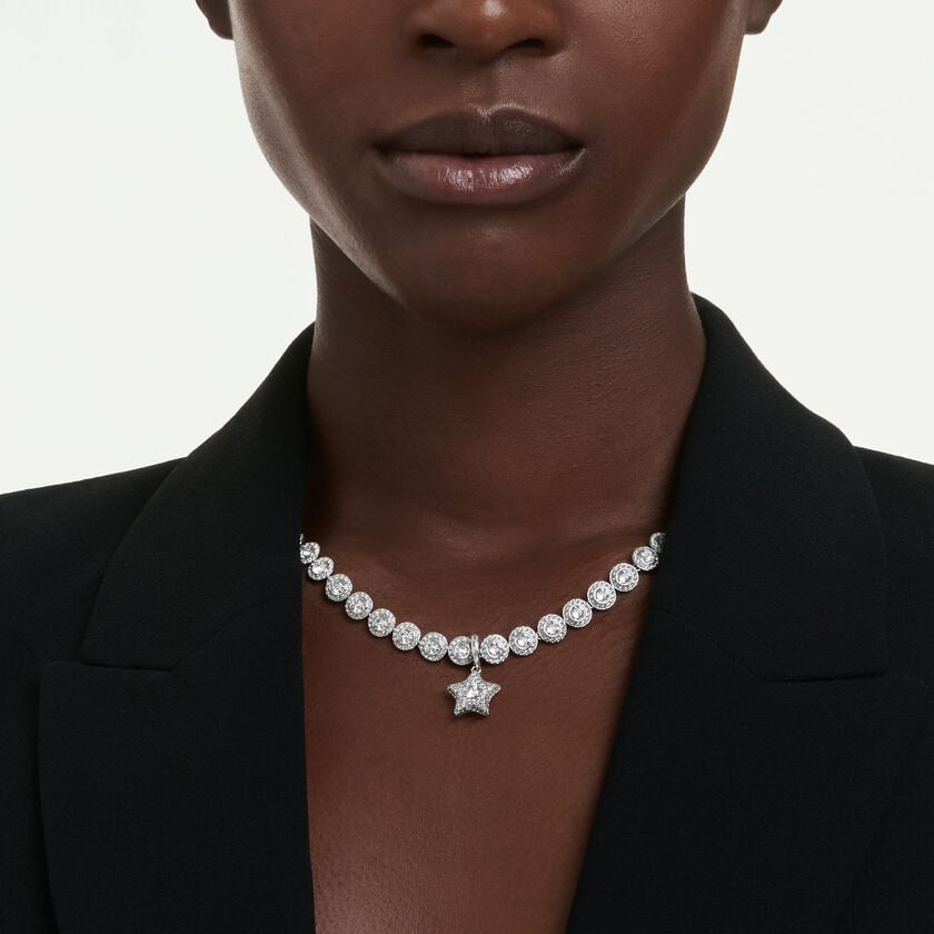 swarovski sublima charm  round cut  star  white  rhodium plated