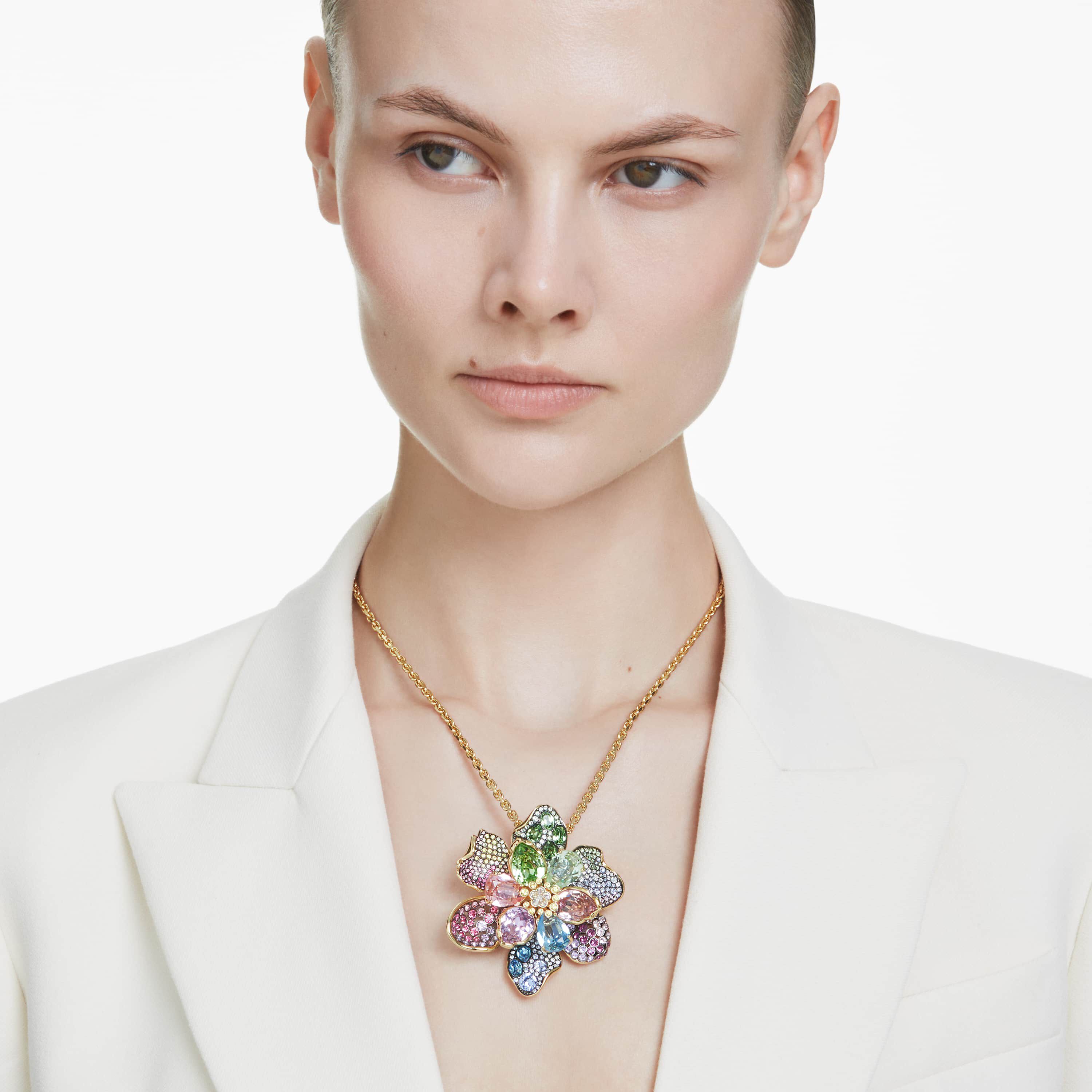 swarovski idyllia pendant and brooch  mixed cuts  pav   flower  multicolored  mixed metal finish