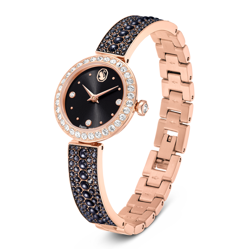 swarovski matrix pearl bangle watch  swiss made  crystal bracelet  black  rose gold tone finish
