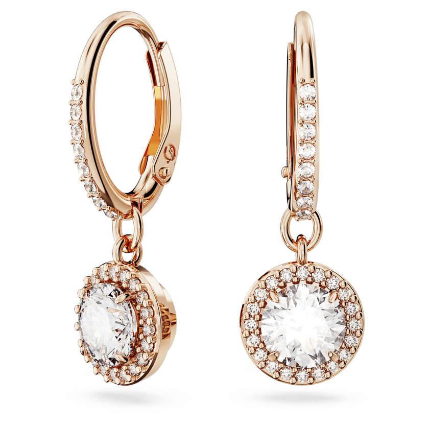 swarovski una angelic drop earrings  round cut  pav   white  18k rose gold finish