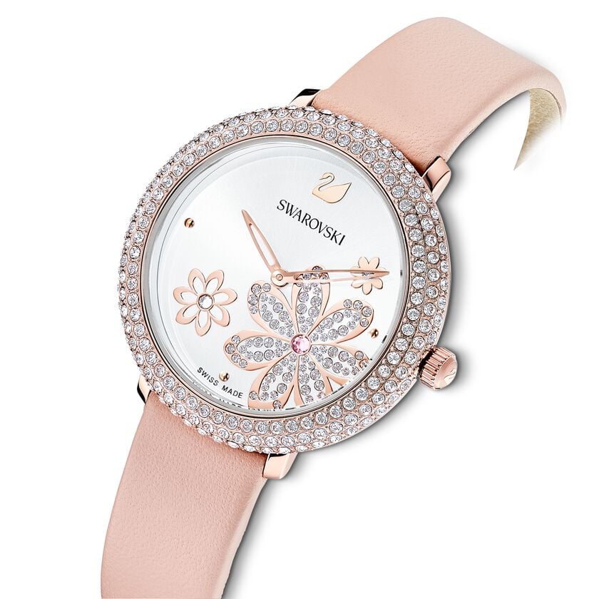 Crystal Frost Watch, Leather strap, Pink, Rose-gold tone PVD