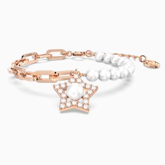 Stella bracelet, Crystal pearls, Star, White, Rose gold-tone plated