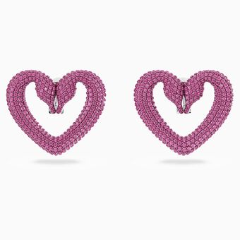 Una clip earrings, Heart, Large, Pink, Rhodium plated