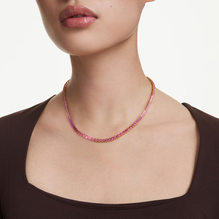 swarovski matrix tennis necklace  round cut  pink  gold tone plated