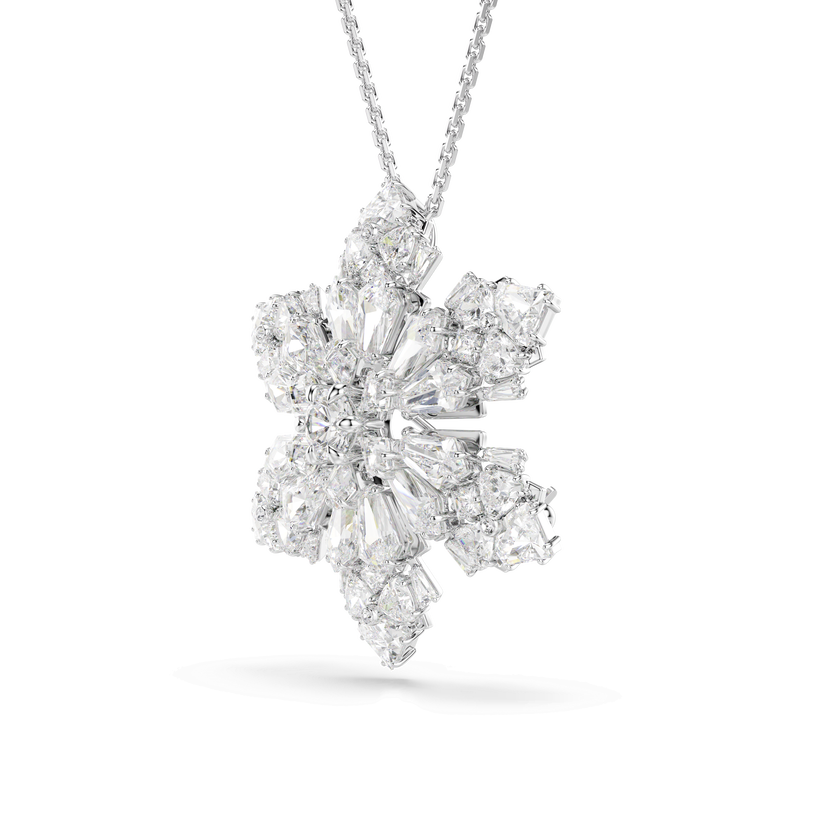 swarovski idyllia pendant and brooch  mixed cuts  snowflake  white  rhodium plated