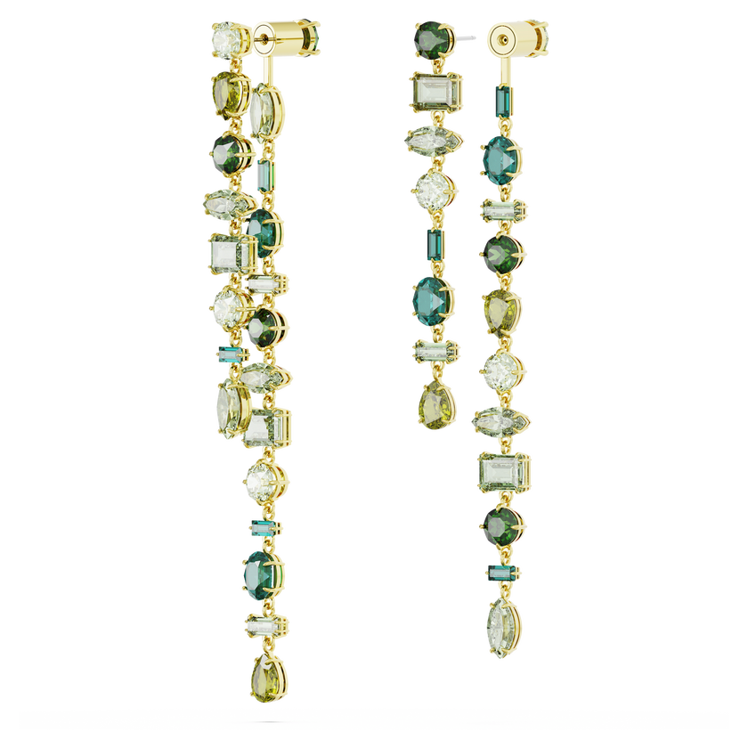 swarovski gema drop earrings  asymmetrical design  mixed cuts  extra long  green  gold tone plated