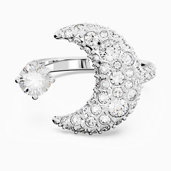 Luna open ring, Moon, White, Rhodium plated