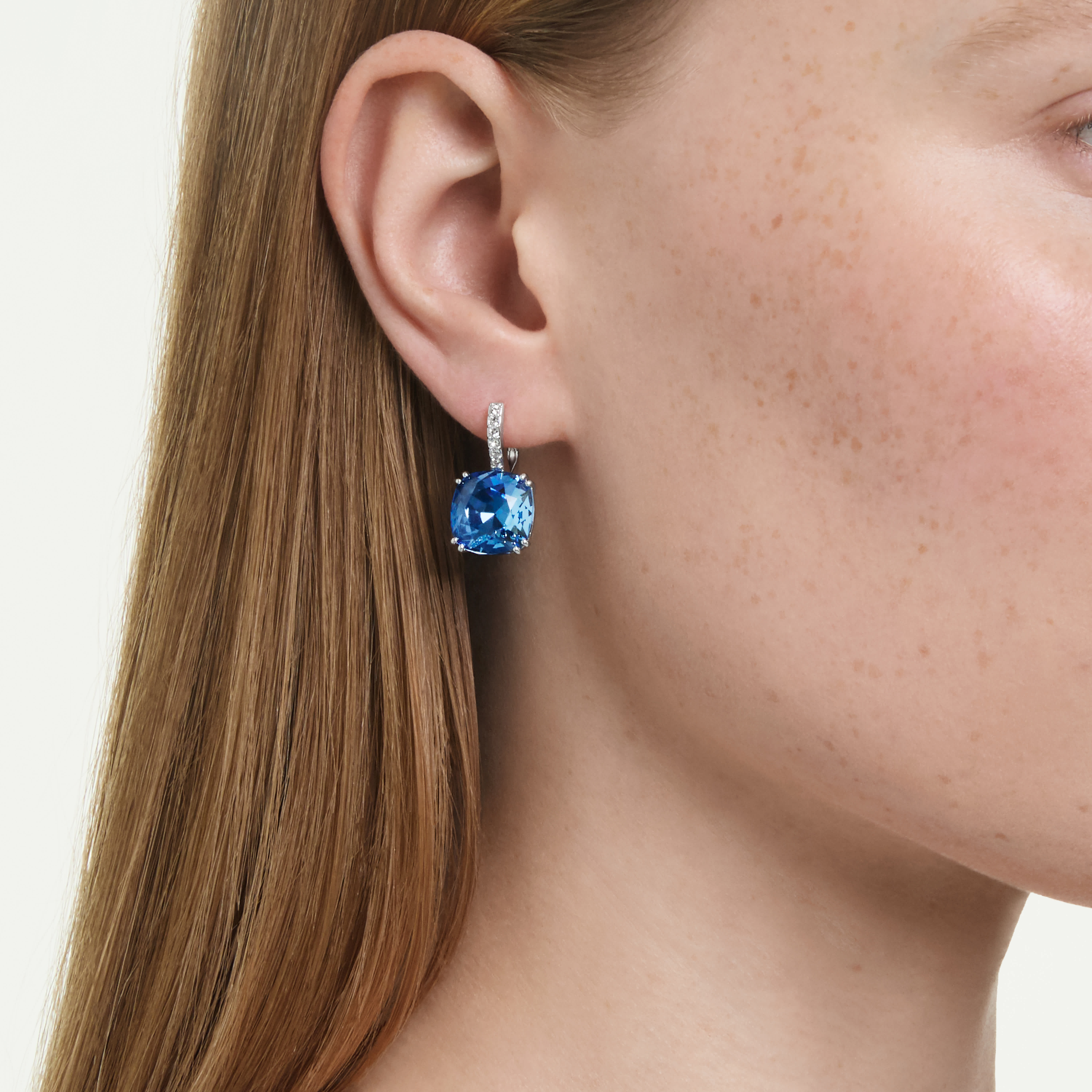 swarovski millenia drop earrings  cushion cut  blue  rhodium plated