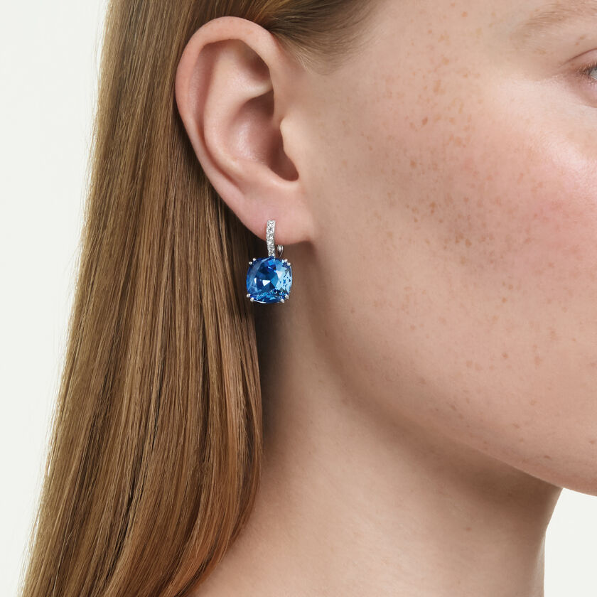 swarovski millenia drop earrings  cushion cut  blue  rhodium plated
