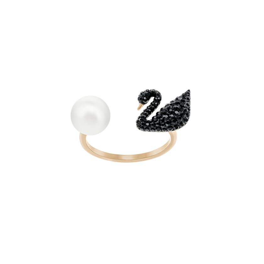 Iconic Swan Open Ring, Black, Rose gold plated