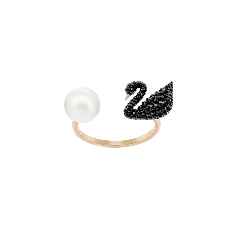 Iconic Swan Open Ring, Black, Rose gold plated