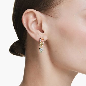 swarovski gema drop earrings  asymmetrical design  mixed cuts  multicolored  gold tone plated