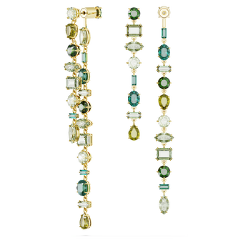 swarovski gema drop earrings  asymmetrical design  mixed cuts  extra long  green  gold tone plated