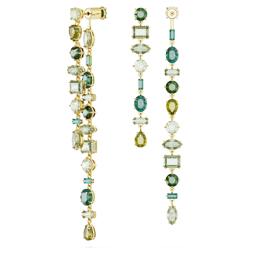 swarovski gema drop earrings  asymmetrical design  mixed cuts  extra long  green  gold tone plated