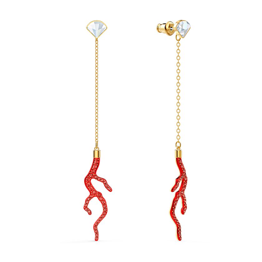 Shell Coral Pierced Earrings, Red, Gold-tone plated