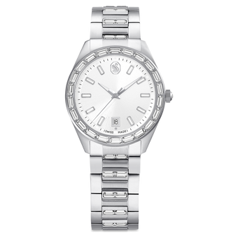 swarovski matrix date watch  swiss made  metal bracelet  silver tone  stainless steel