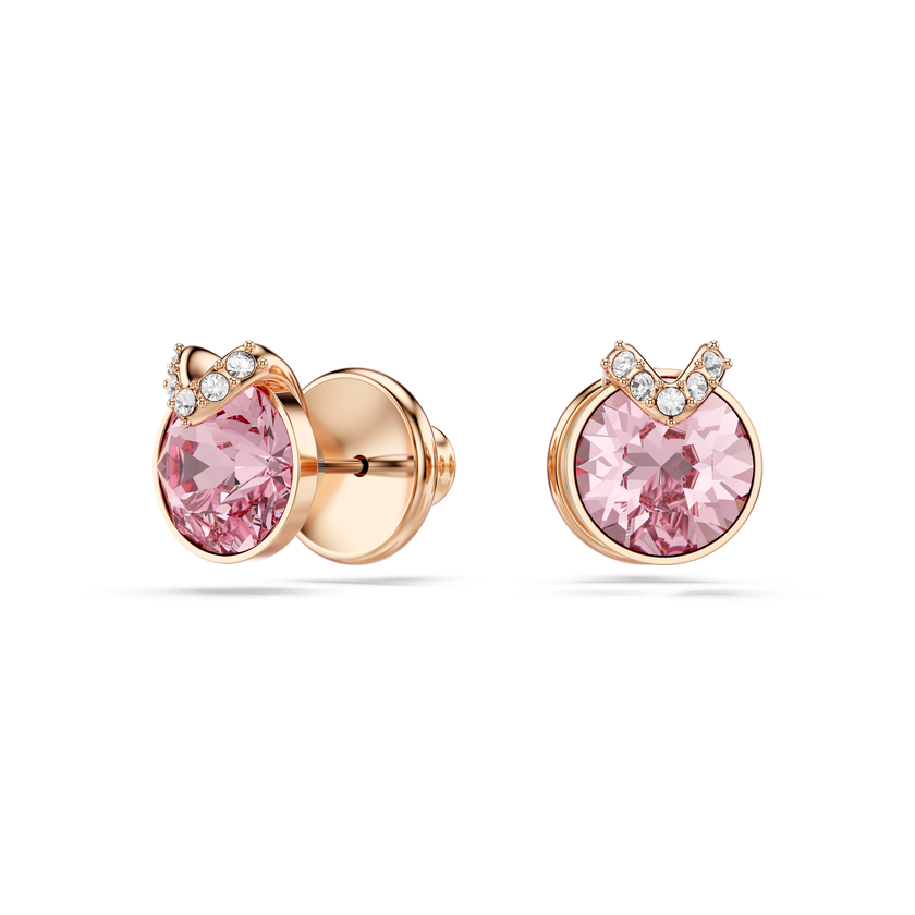 swarovski bella v stud earrings  round cut  pav   pink  18k rose gold finish