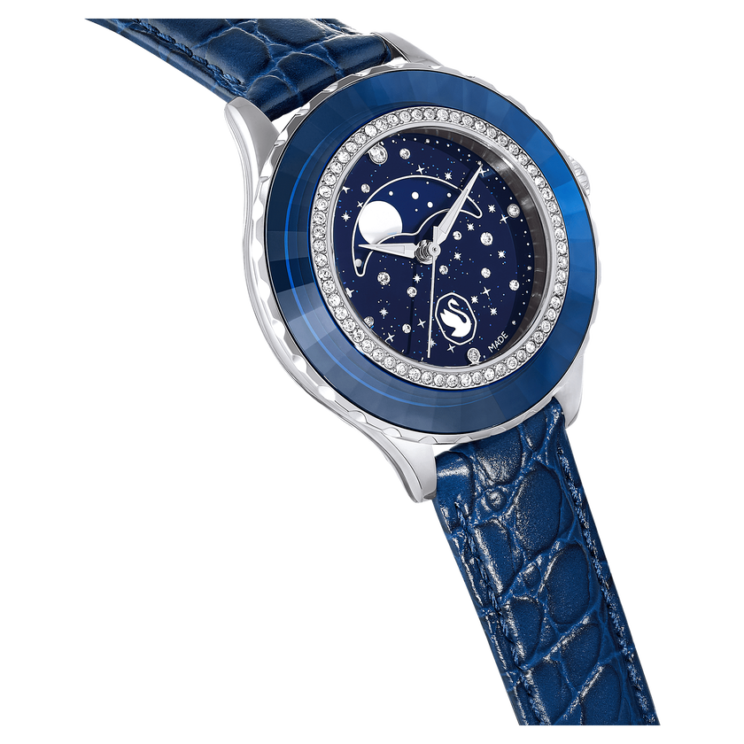 swarovski octea moon watch  swiss made  moon  leather strap  blue  stainless steel