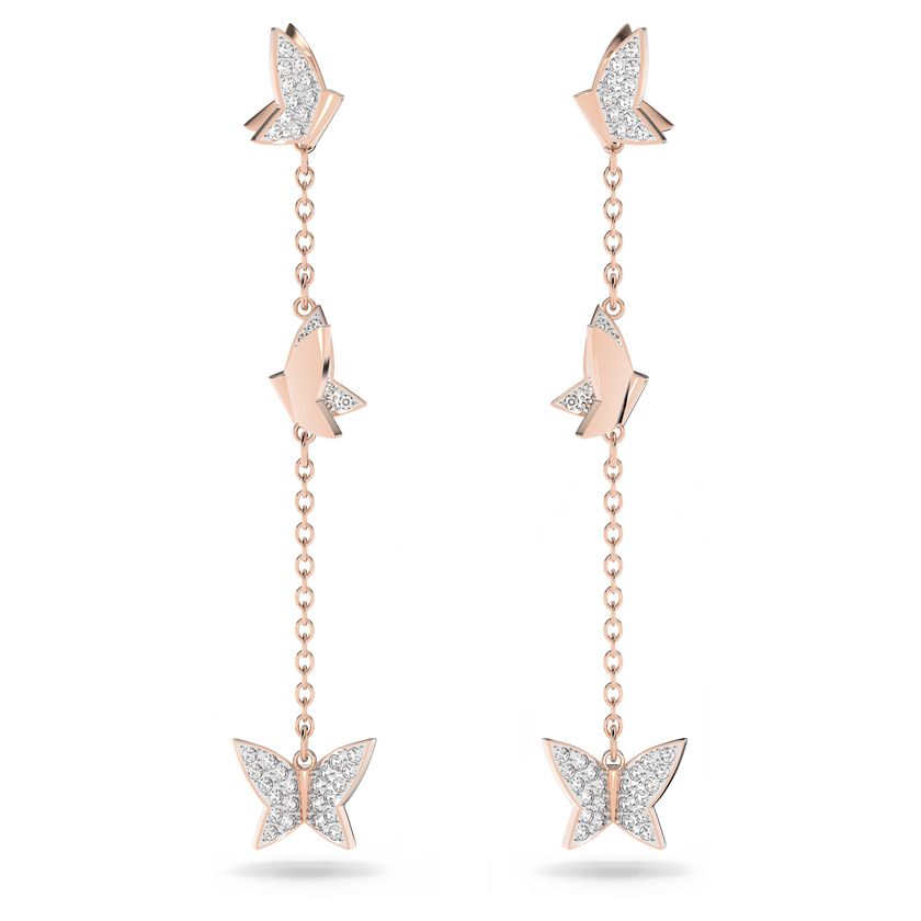 swarovski idyllia lilia drop earrings  butterfly  long  white  18k rose gold finish