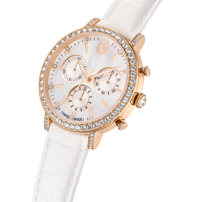 swarovski matrix tennis chrono watch  swiss made  leather strap  white  rose gold tone finish