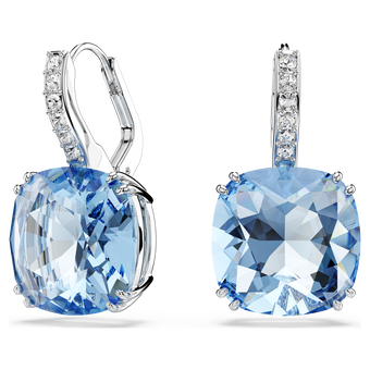 swarovski millenia drop earrings  cushion cut  blue  rhodium plated