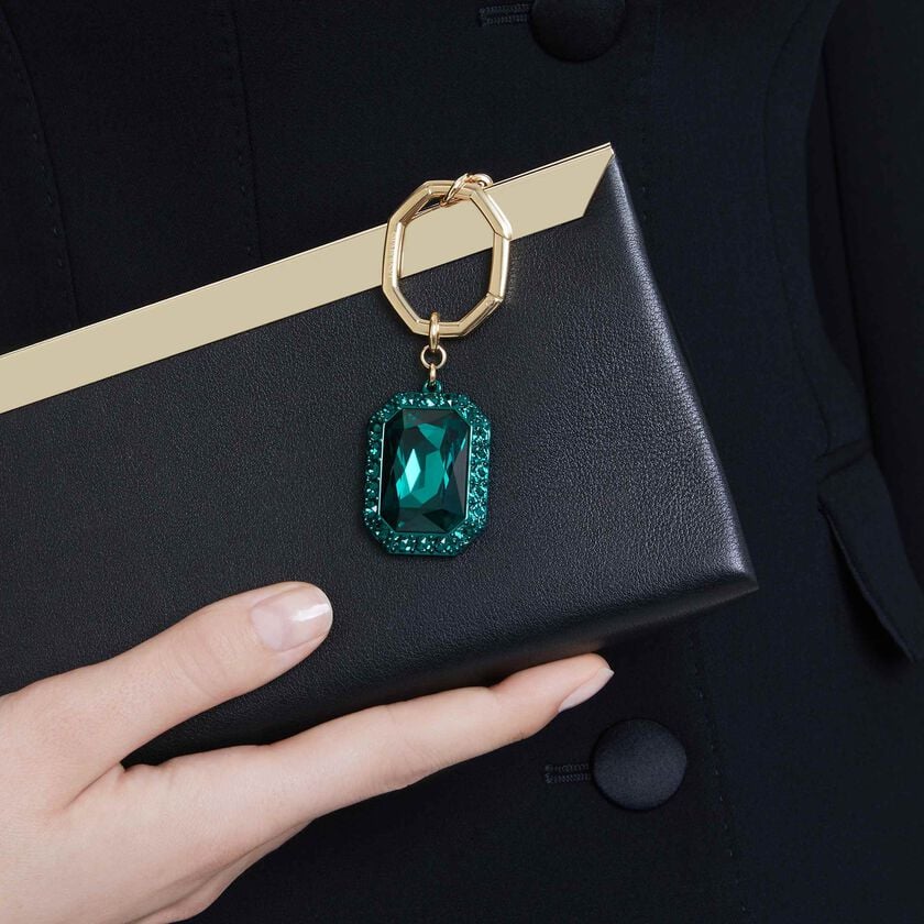 swarovski key ring  octagon cut  green  mixed metal finish