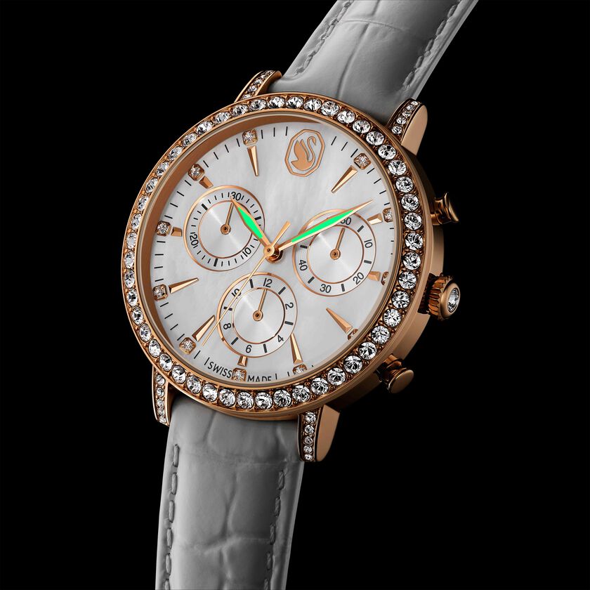 swarovski matrix tennis chrono watch  swiss made  leather strap  white  rose gold tone finish