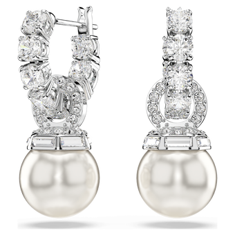 swarovski matrix drop earrings  crystal pearl  round cut  white  rhodium plated