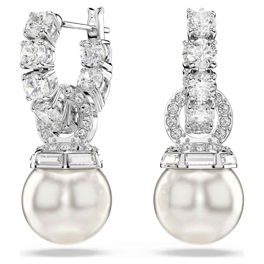 swarovski matrix drop earrings  crystal pearl  round cut  white  rhodium plated