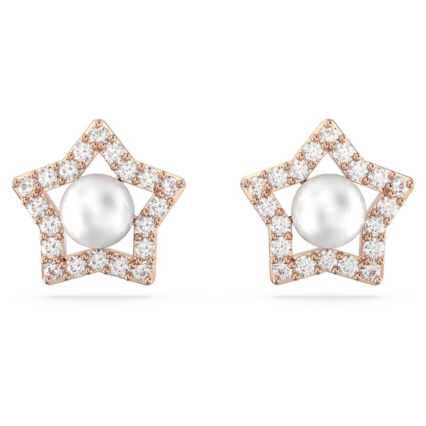 Stella stud earrings, Crystal pearls, Star, White, Rose gold-tone plated