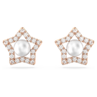 Stella stud earrings, Crystal pearls, Star, White, Rose gold-tone plated
