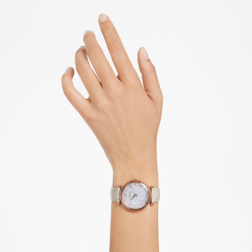 swarovski crystalline wonder watch  swiss made  leather strap  beige  rose gold tone finish