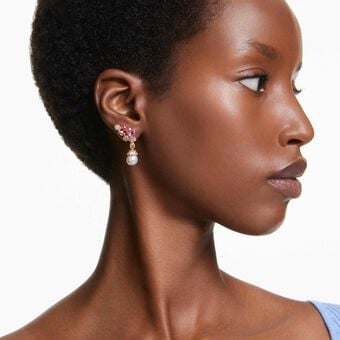 swarovski gema drop earrings  mixed cuts  crystal pearls  flower  pink  gold tone plated