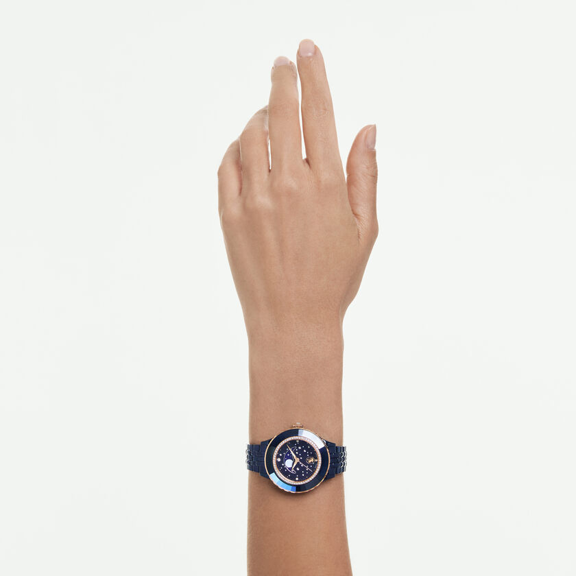 swarovski octea moon watch  swiss made  metal bracelet  blue  blue finish